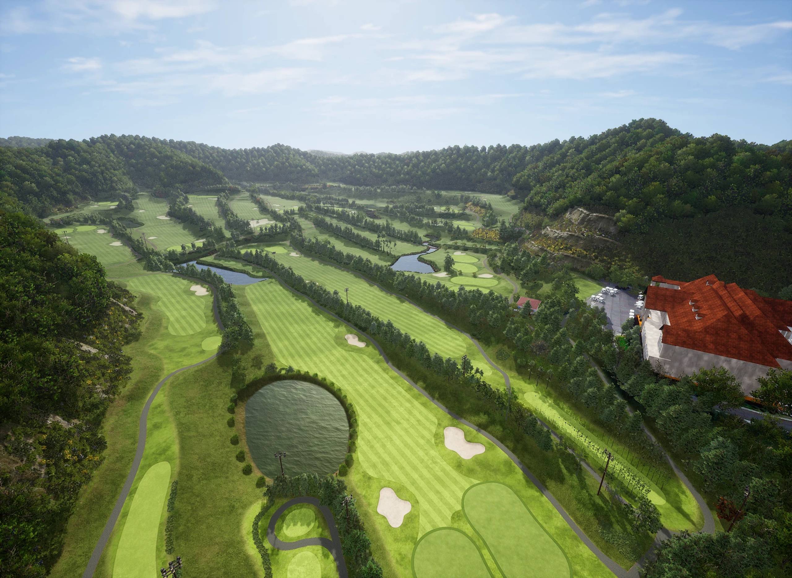 Aerial view of a lush golf course with fairways, sand traps, and ponds, surrounded by forested hills, with a large clubhouse on the right.
