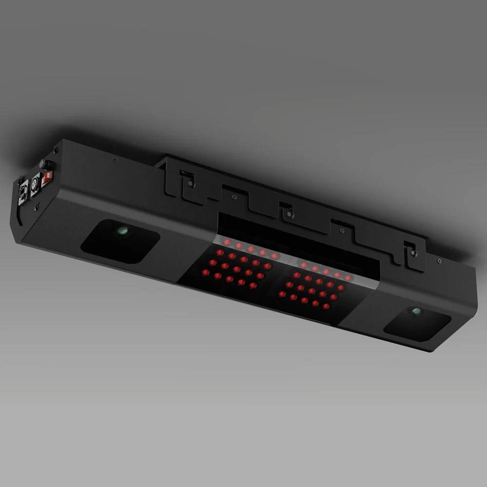 A black ceiling-mounted sensor bar with two rows of red lights and two camera lenses.