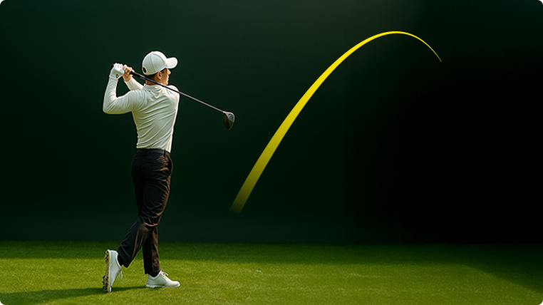 Golfer in follow-through with a driver, yellow arc showing the ball's trajectory against a dark background.