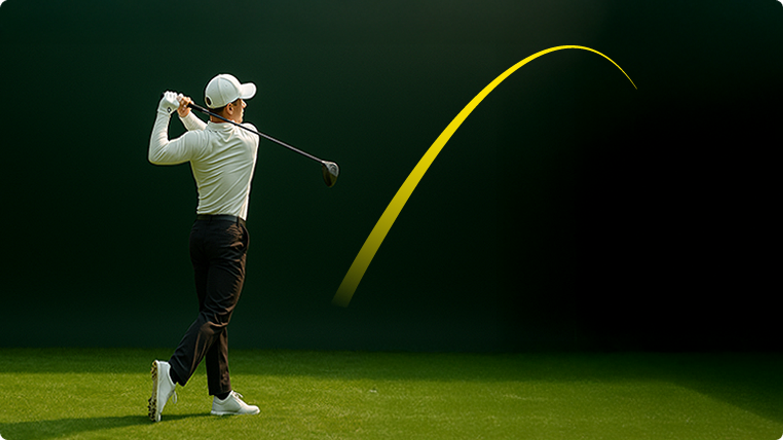 Golfer in follow-through with a driver, yellow arc showing the ball's trajectory against a dark background.
