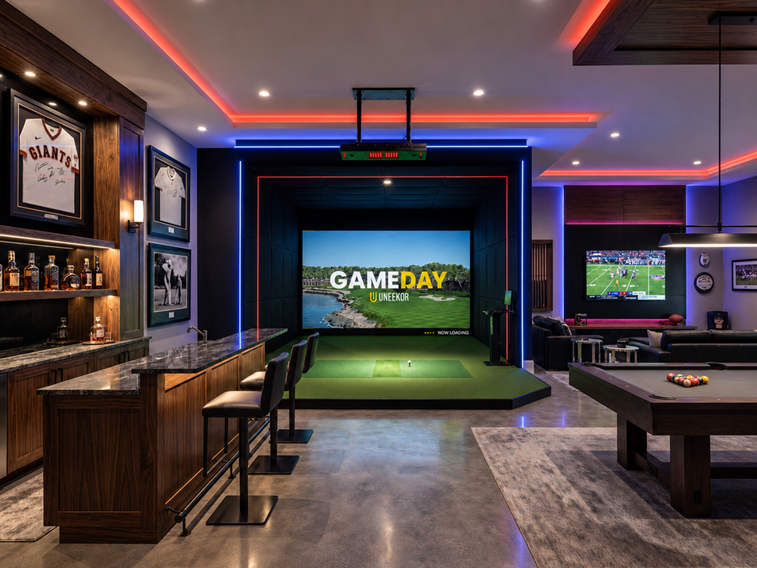A luxurious entertainment room featuring a golf simulator, wet bar, pool table, and TV, illuminated by modern LED lighting.
