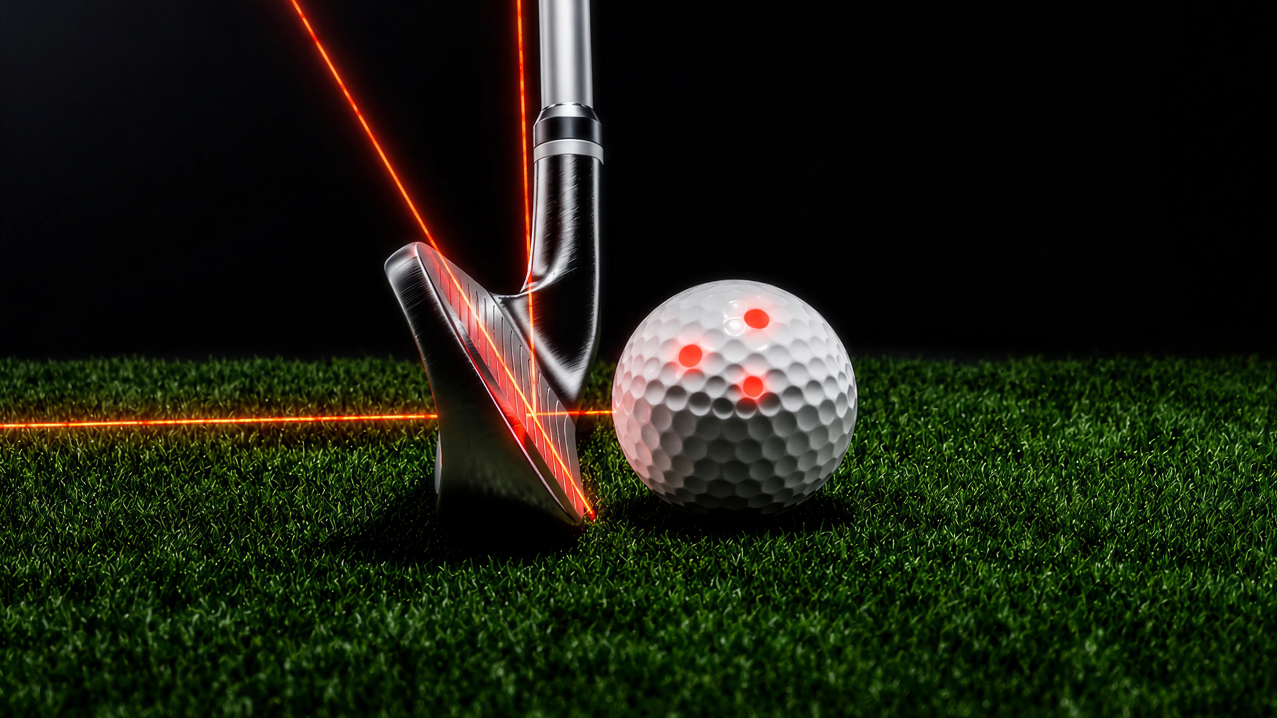A golf club and ball on grass, illuminated by orange laser lines on the clubface and red glowing dots on the ball.
