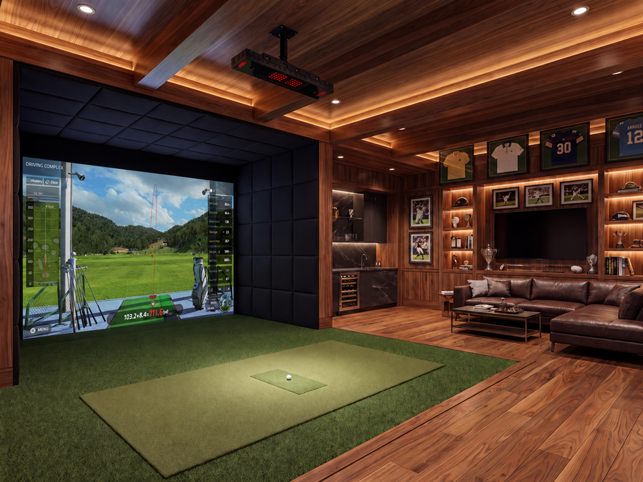 Wood-paneled room featuring a golf simulator, a lounge area with a brown sofa, a bar, and sports memorabilia.