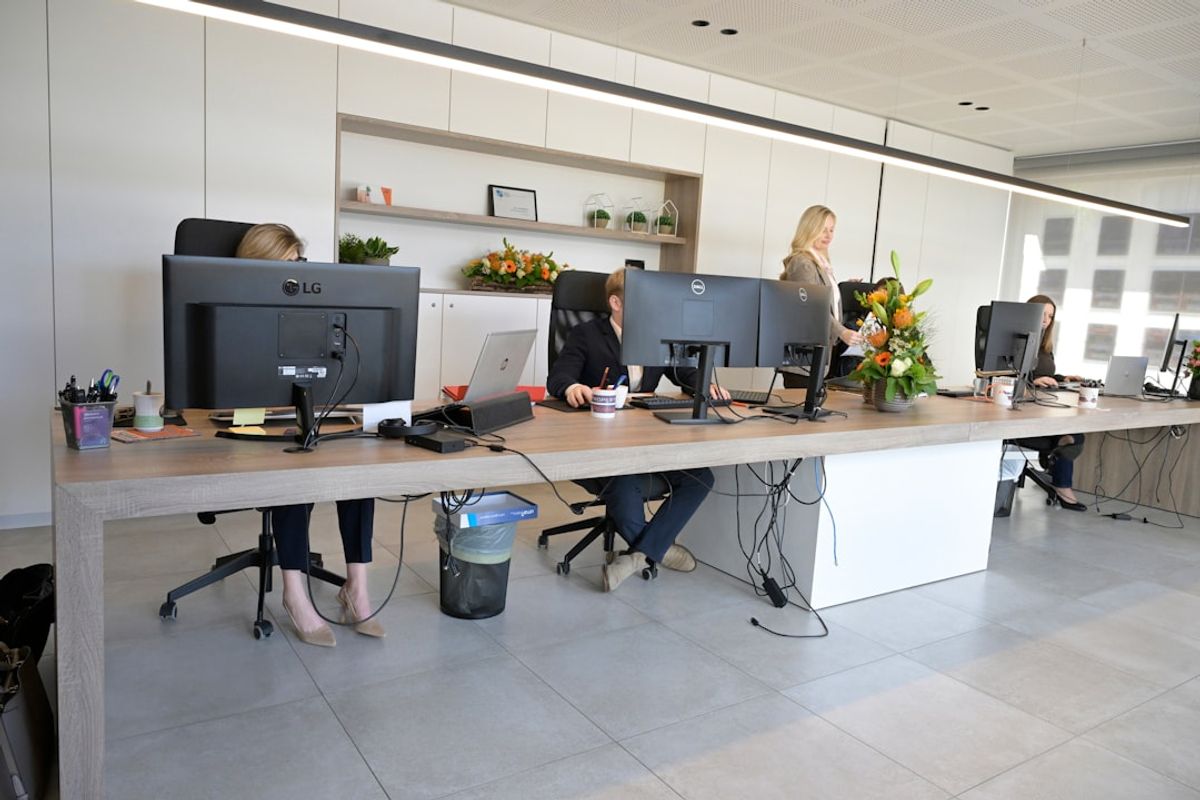People working at desks in a modern open-plan office.