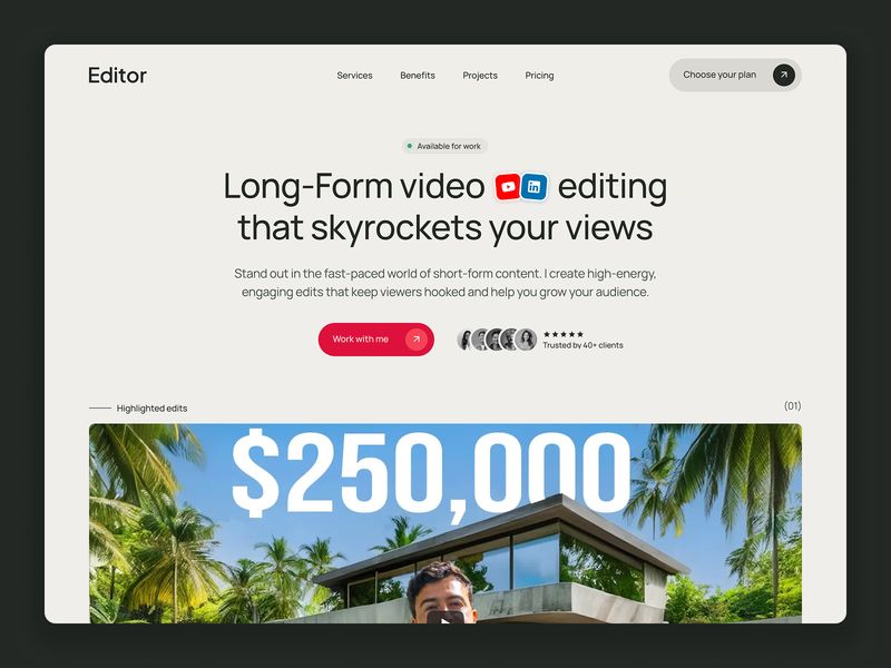 Editor — Video Düzenleme Portfolyo Web Sitesi Şablonu - Hover