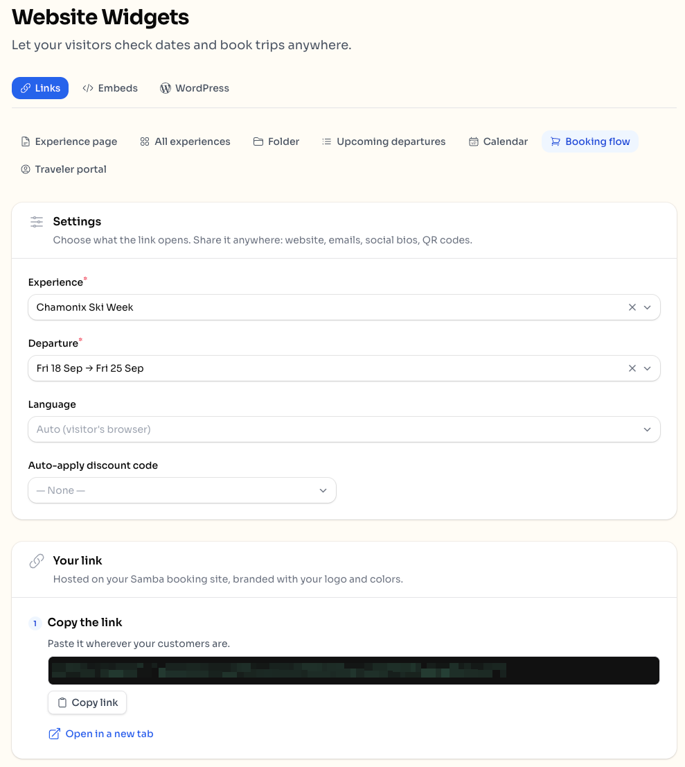Widgets section with the Links tab selected and a generated booking link