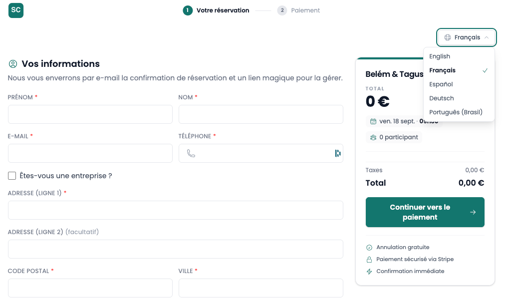 Trip page showing the language dropdown open with French selected