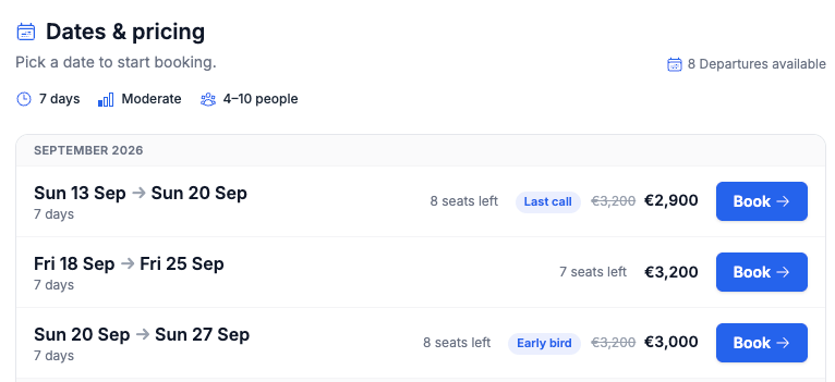 Departure page showing an adjusted price with an Early bird badge