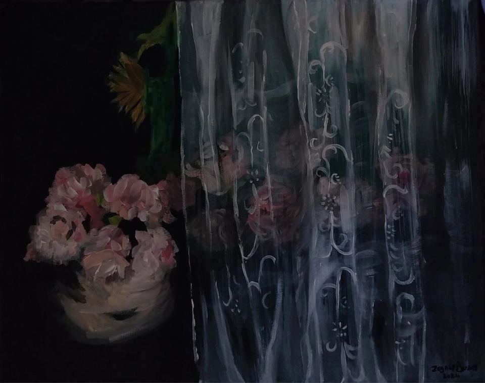 Pink flowers beside a rain-streaked window in a dark interior