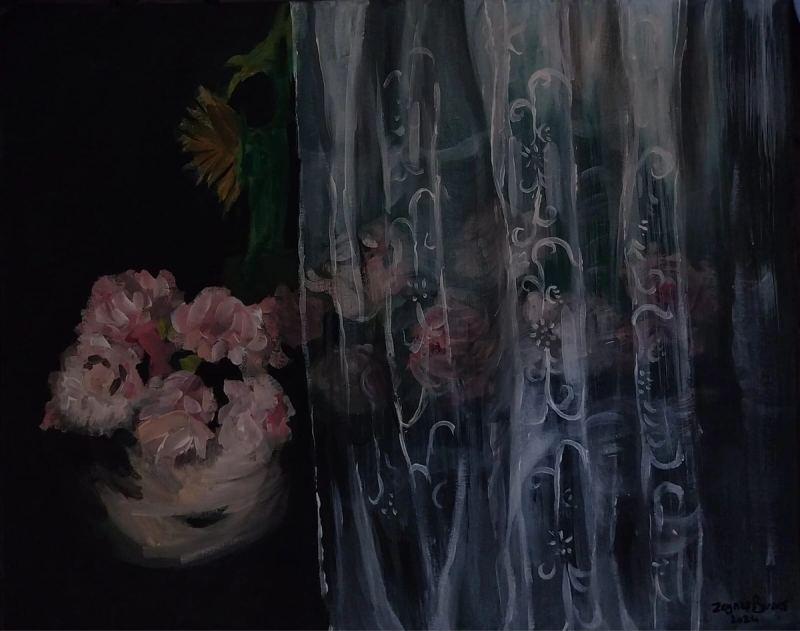 Pink flowers beside a rain-streaked window in a dark interior