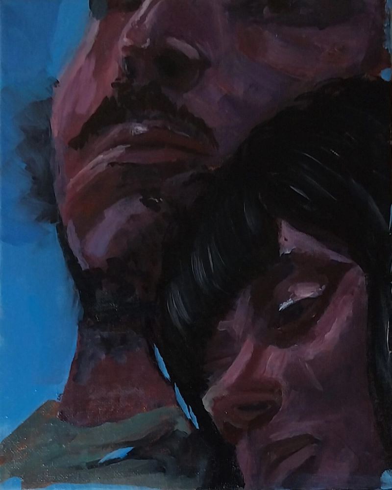 Two painted faces leaning together against a bright blue ground