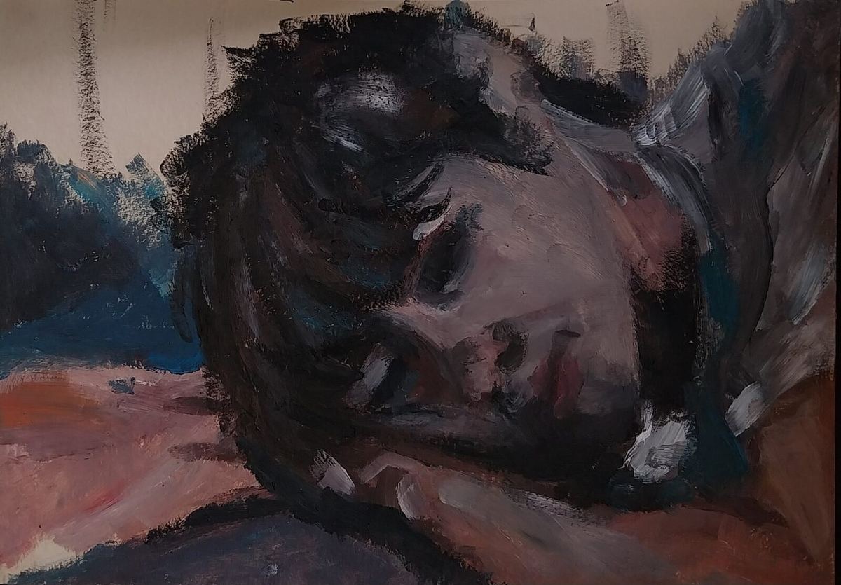 Painted figure resting their head sideways on folded arms