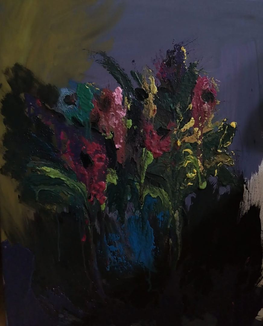 Expressive bouquet of bright flowers against a deep blue and violet field