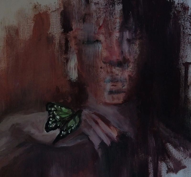 Hazy portrait with a green butterfly in muted red and black