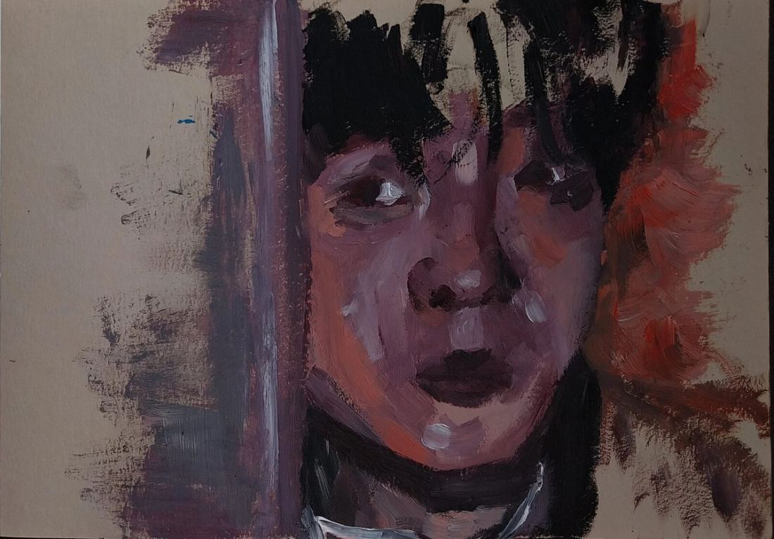 Frontal painted portrait in pink, violet, black and red