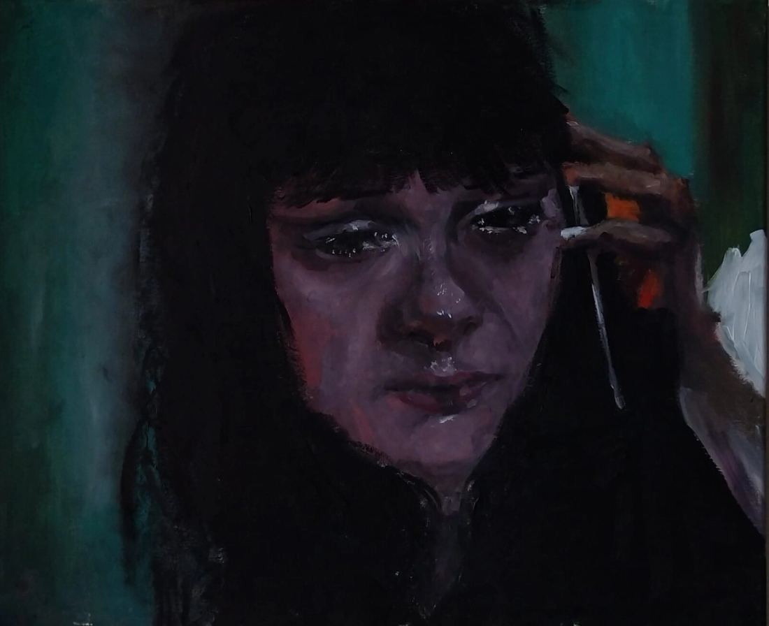 Close painted portrait in deep green, violet and black