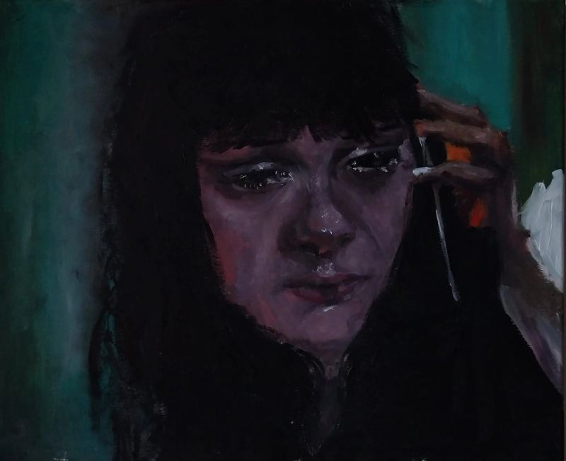 Close painted portrait in deep green, violet and black