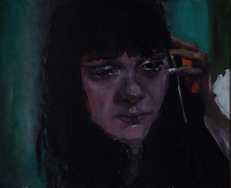 Close painted portrait in deep green, violet and black
