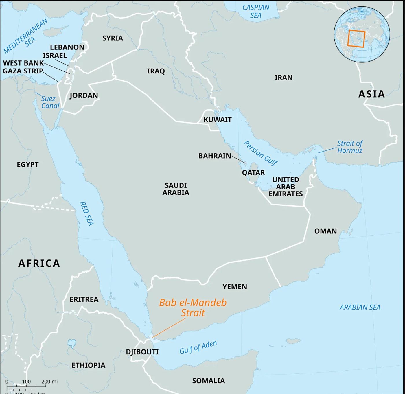 Kaart van het Midden-Oosten met de Rode Zee, de Straat van Hormuz en de Bab el-Mandeb-zeestraat