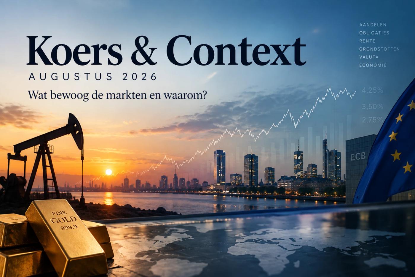 Koers & Context augustus 2026: wat bewoog de markten en waarom? Beeld met een oliepomp, goudstaven, een skyline en de EU-vlag