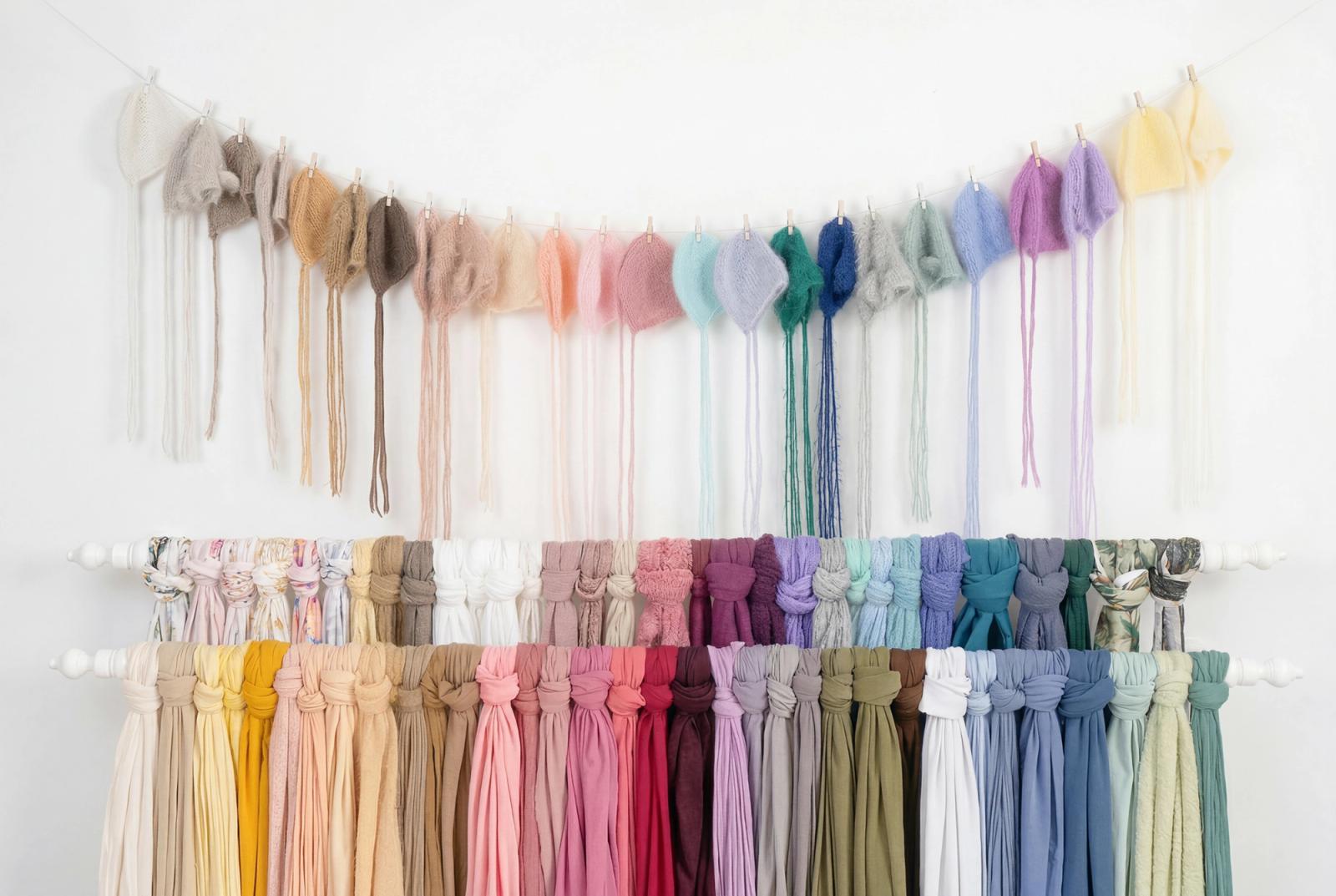 Fotoateliér s kolekcí barevných wrapů a pletených čepiček pro newborn focení