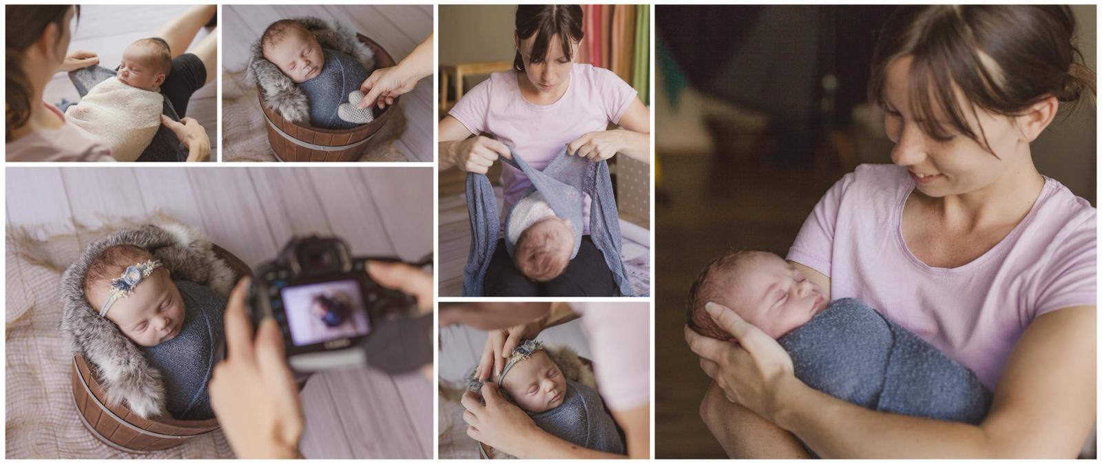 Newborn miminko v hnědém oblečení na kožešině