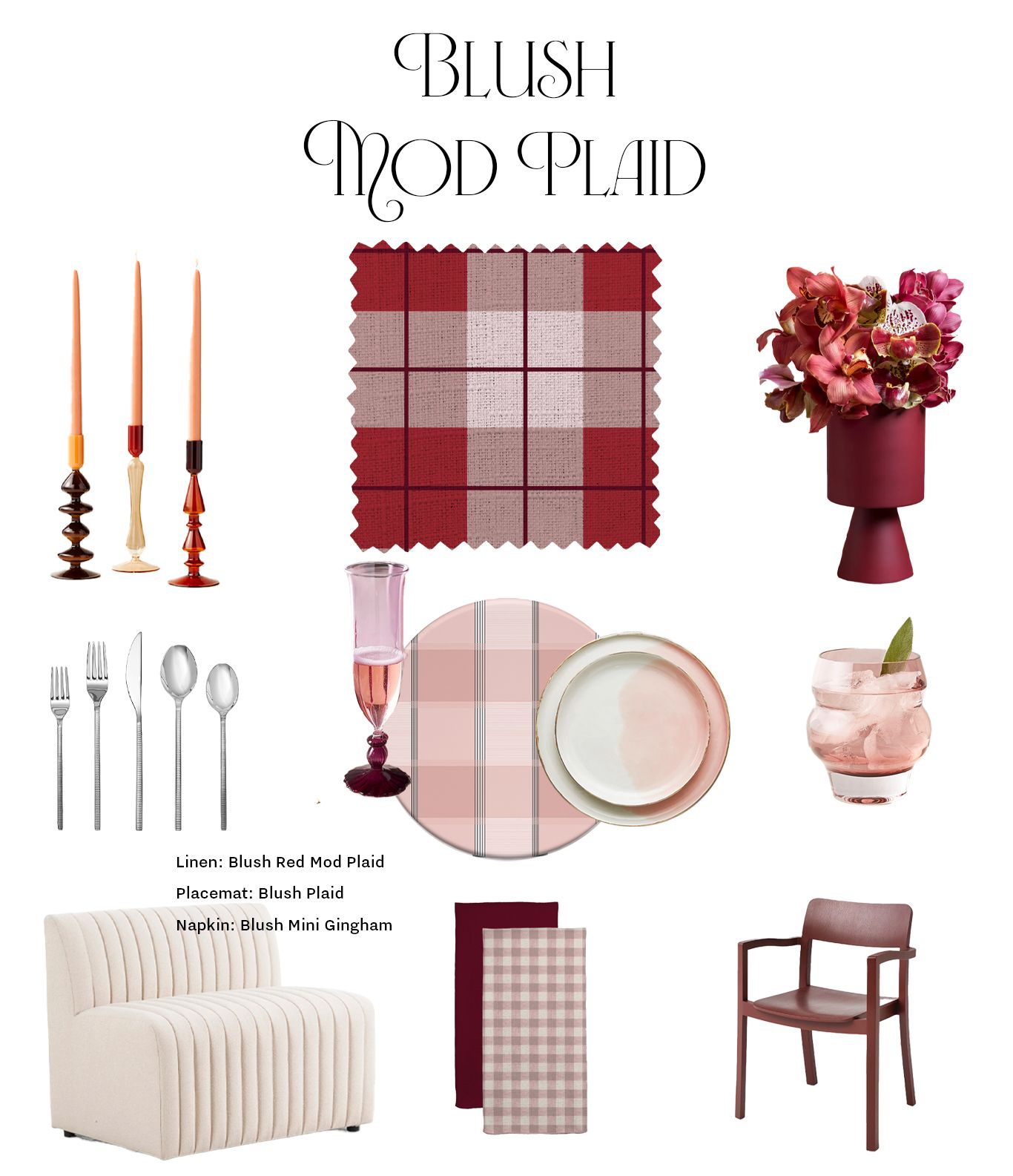Blush Mod Plaid mood board with table settings and decor