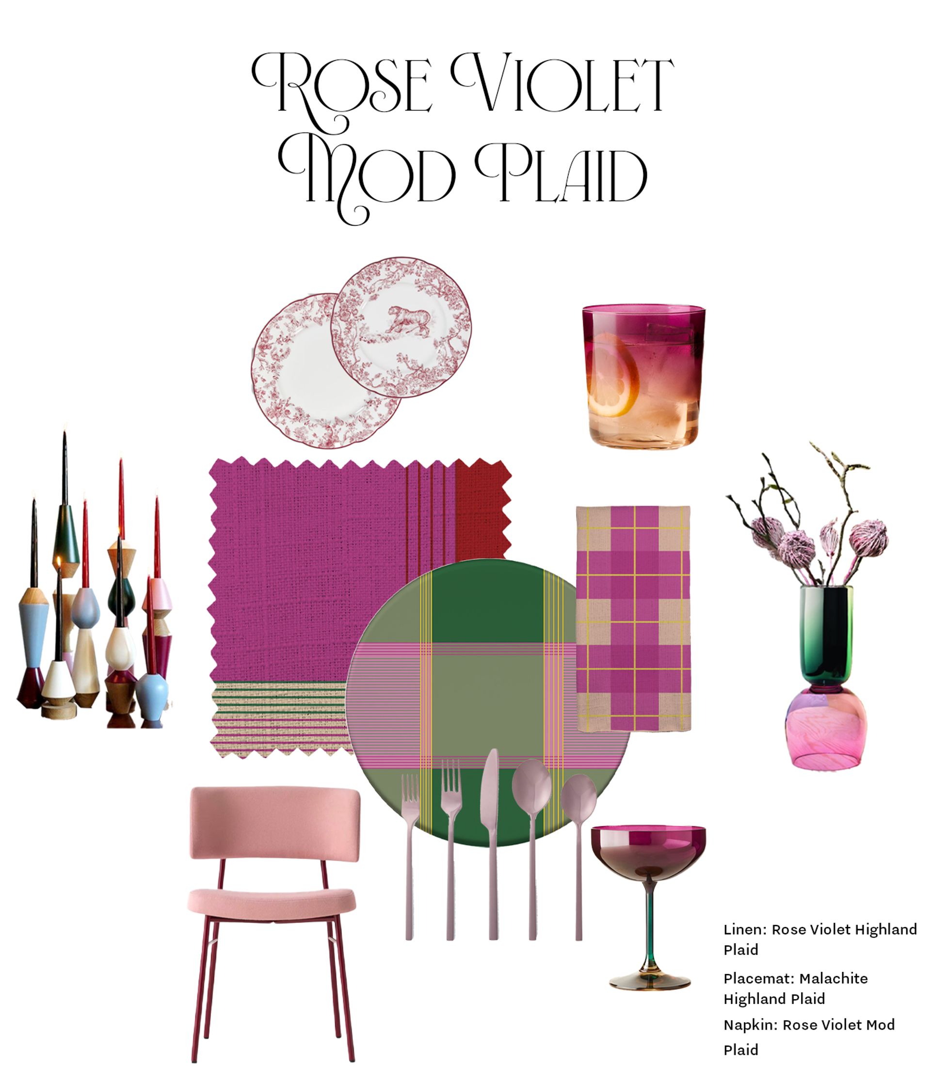 Rose Violet Mod Plaid mood board with table settings and decor