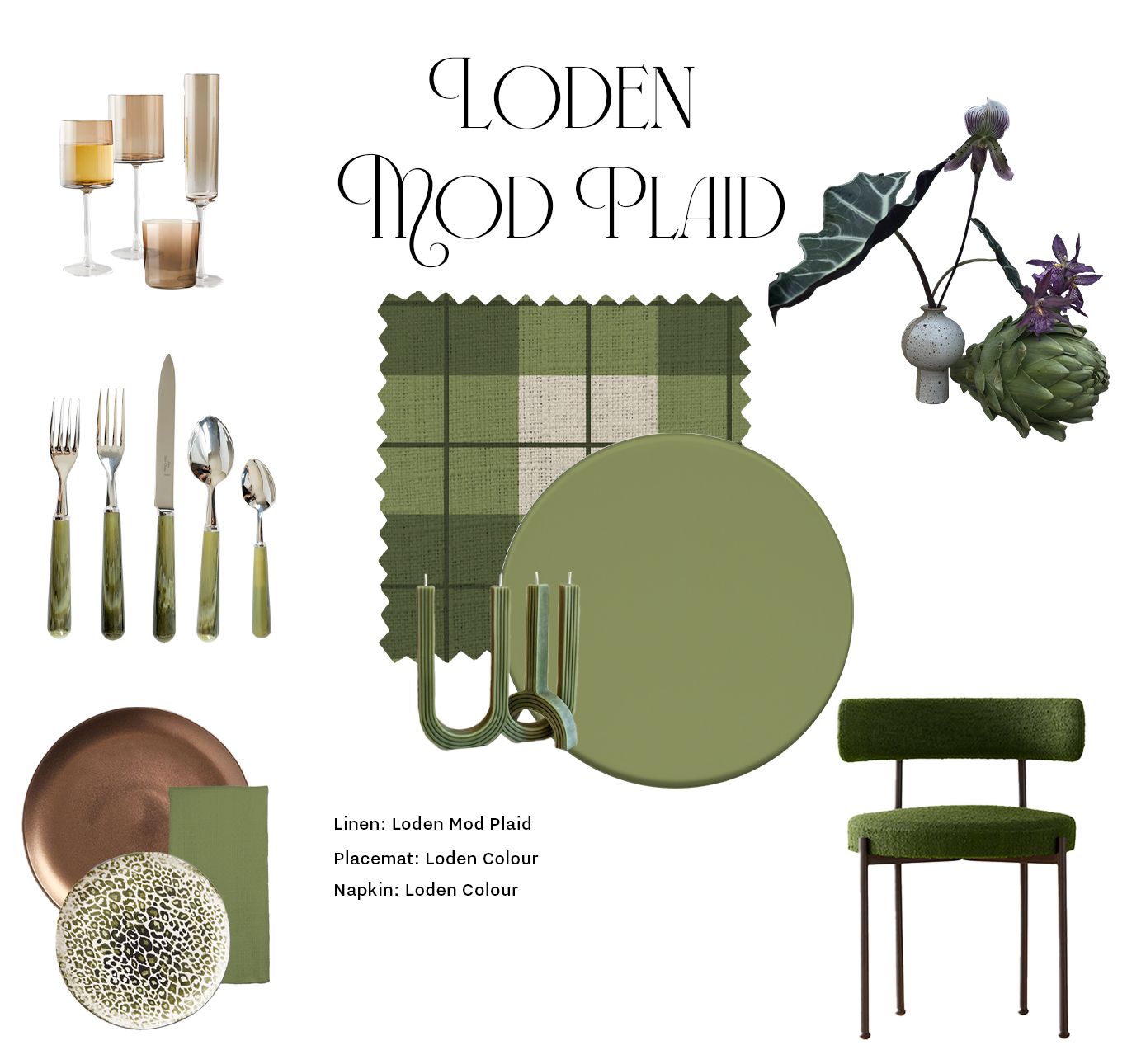 Loden Mod Plaid mood board with table settings and decor