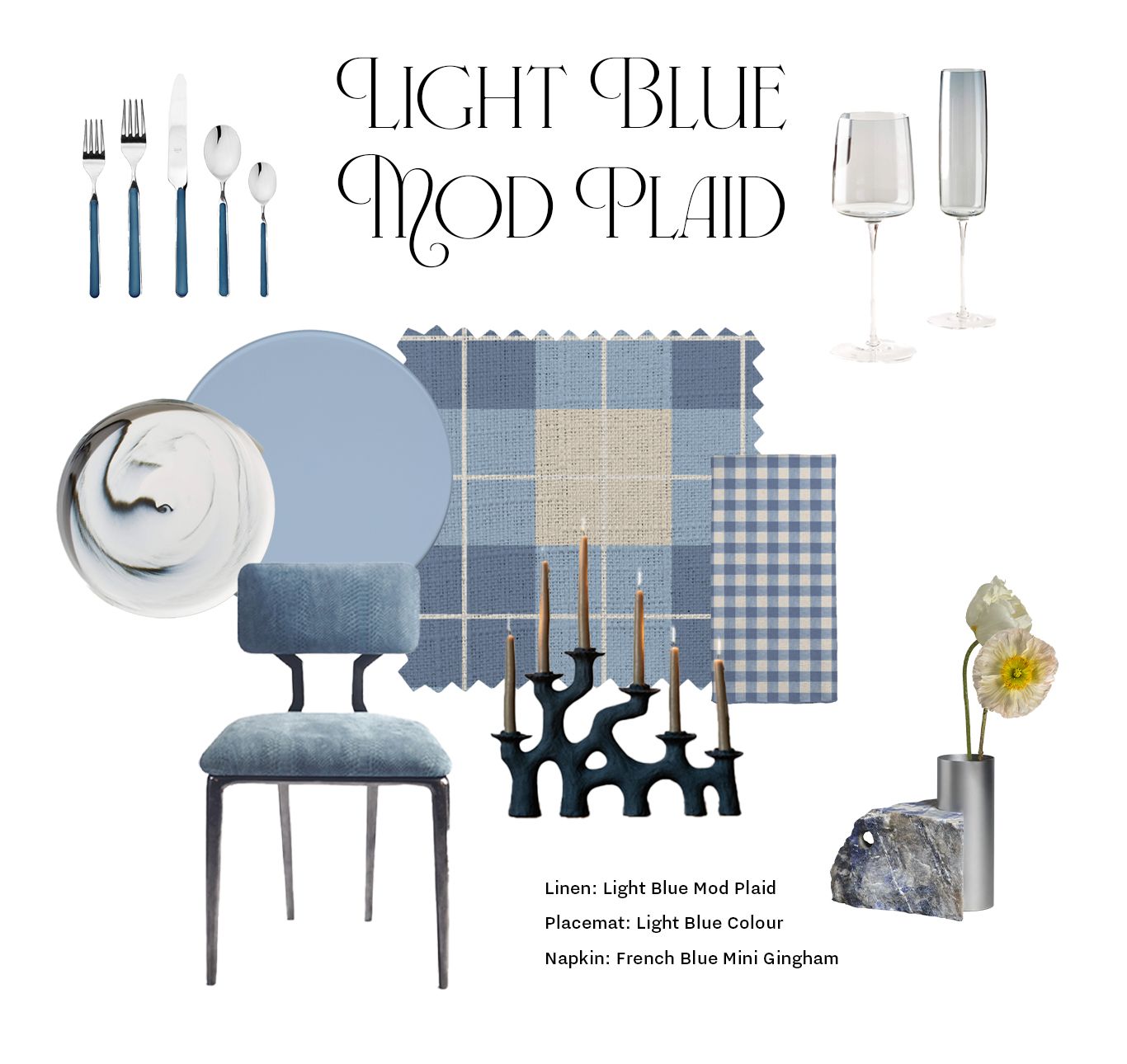 Light Blue Mod Plaid mood board with table settings and decor