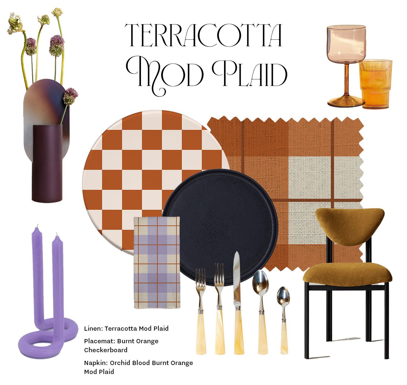 Terracotta Mod Plaid mood board with table settings and decor