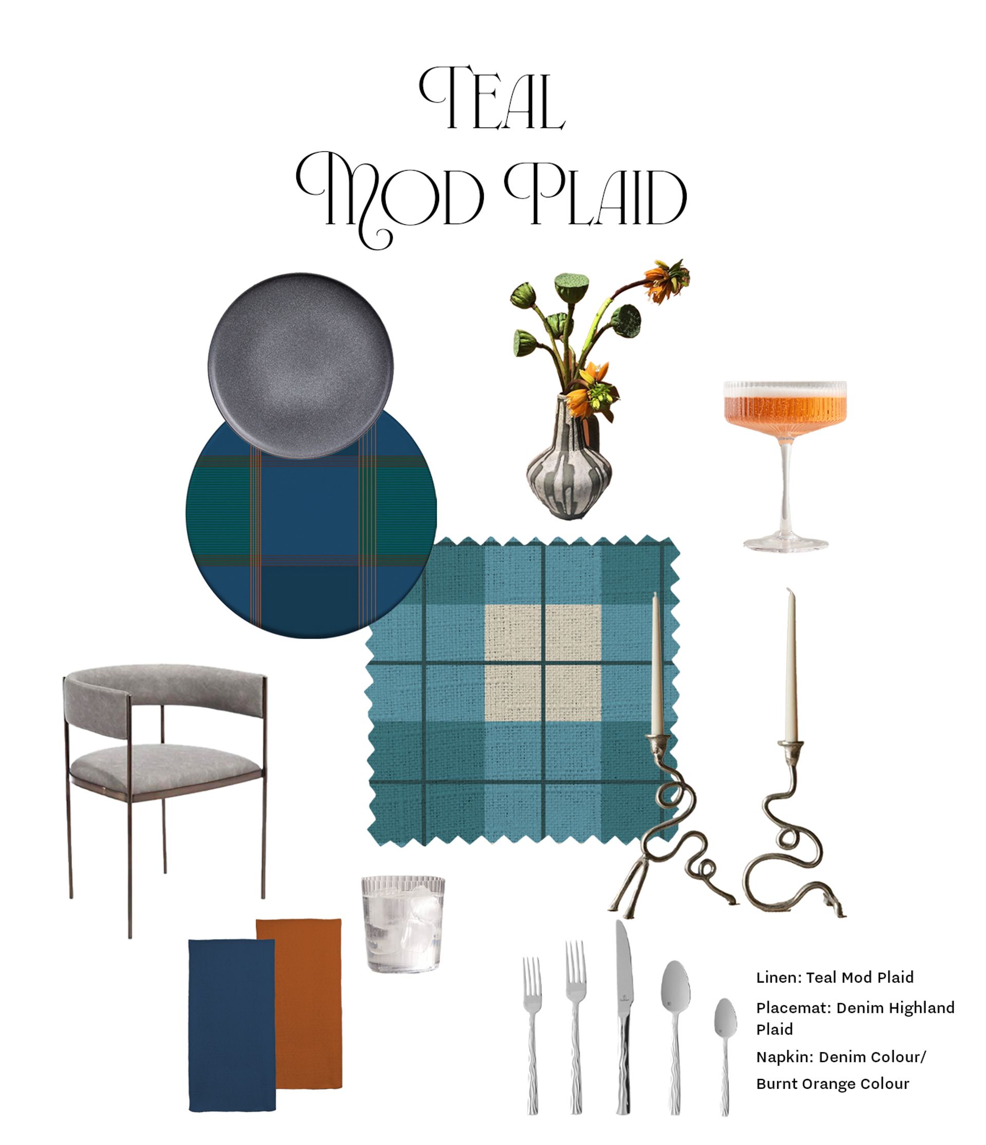 Teal Mod Plaid mood board with table settings and decor