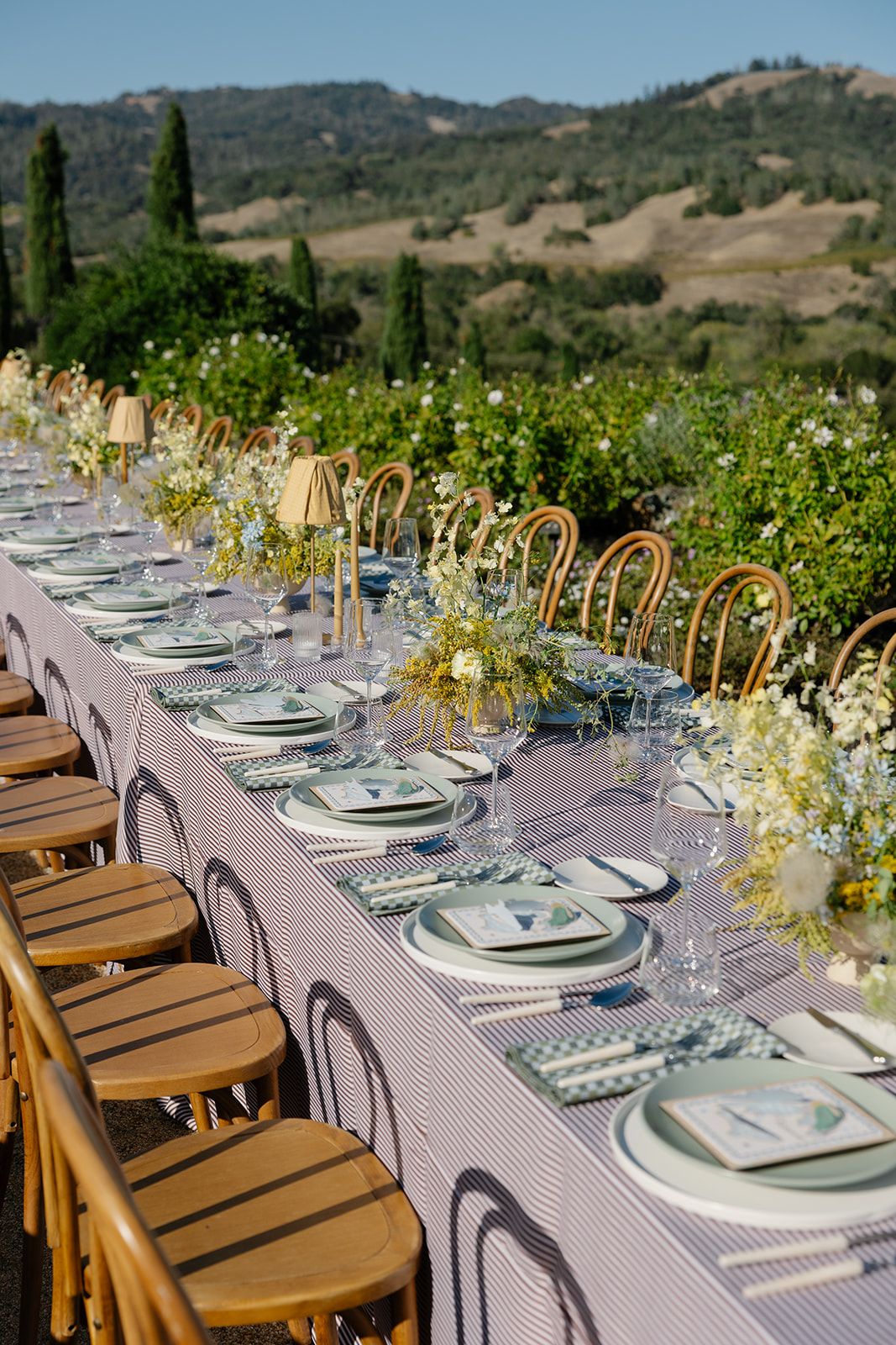 Root Beer Ticking Stripe paired with Loden Pixel Napkins at a wedding reception in the Vinyards of California