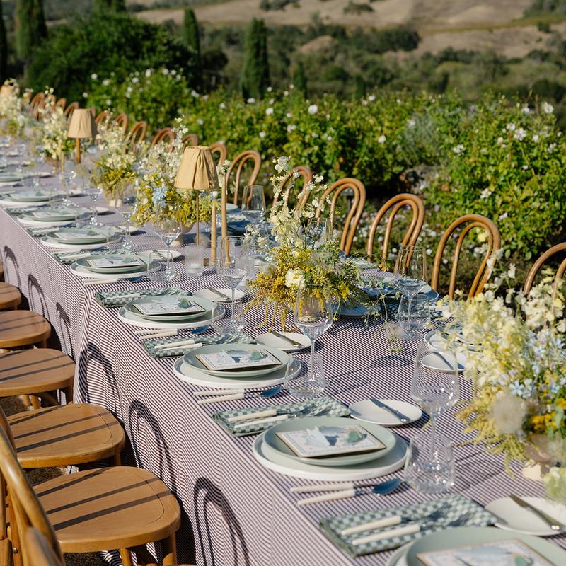 Root Beer Ticking Stripe paired with Loden Pixel Napkins at a wedding reception in the Vinyards of California