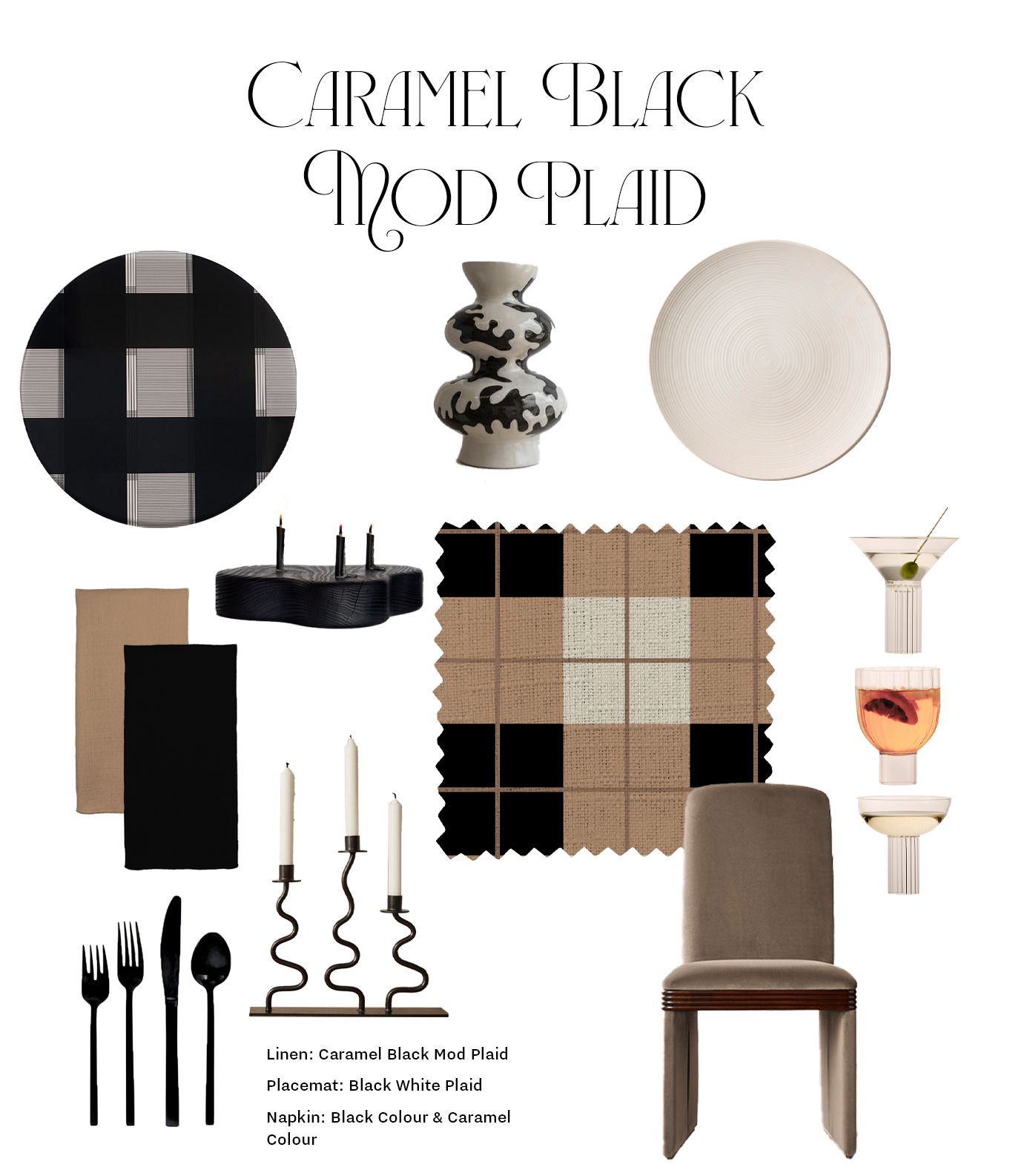 Caramel Black Mod Plaid mood board with table settings and decor