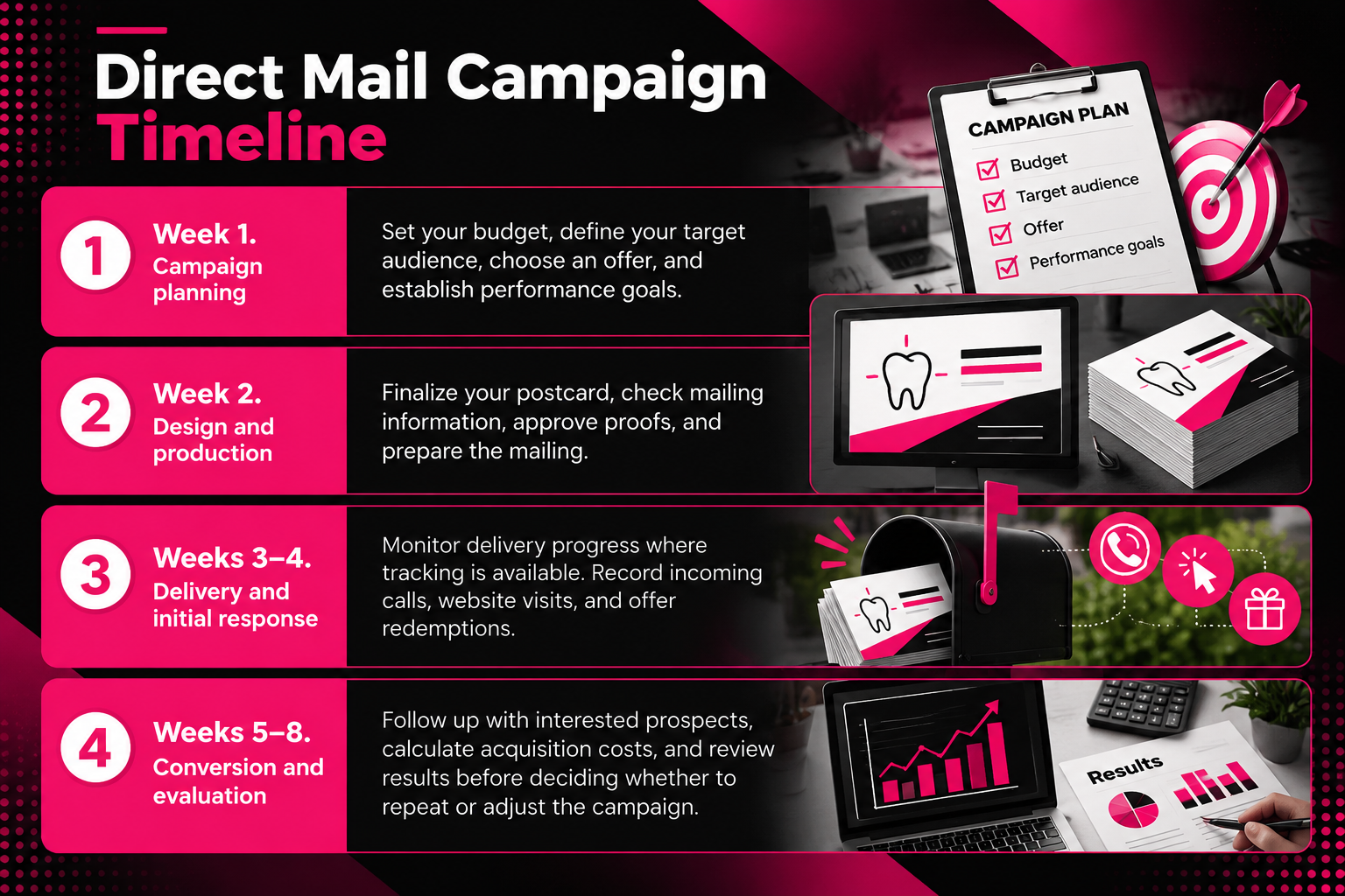 Direct mail marketing campaign timeline infographic showing four stages over eight weeks. Week 1 covers budget planning, audience targeting, offers, and goals. Week 2 focuses on postcard design, proof approval, and production. Weeks 3–4 track mail delivery, calls, website visits, and offer redemptions. Weeks 5–8 evaluate conversions, acquisition costs, and campaign results. Black, white, and magenta design features dental postcards, a mailbox, planning checklist, and analytics charts.