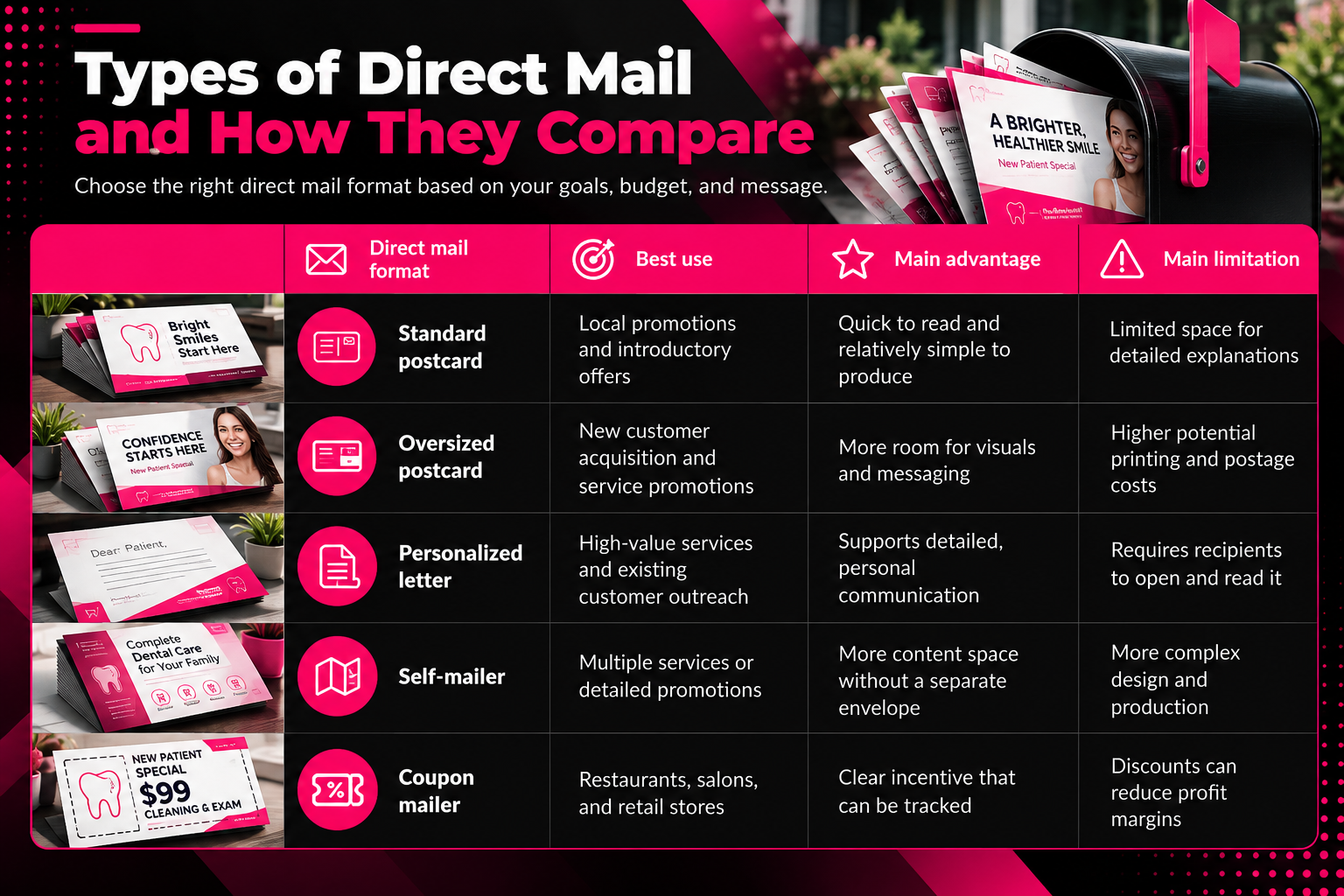 Direct mail marketing infographic comparing five mailing formats: standard postcards for local promotions, oversized postcards for customer acquisition, personalized letters for high-value services, self-mailers for detailed offers, and coupon mailers for retail promotions. The comparison table highlights each format's best uses, advantages, and limitations, including content space, printing costs, personalization, and response tracking. Black, white, and magenta design features direct mail graphics.