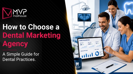 Original File Name: how-to-choose-a-dental-marketing-agency-guide.png  SEO-Optimized Alt Text (≤500 characters): How to Choose a Dental Marketing Agency guide by MVP Mailhouse featuring a team of dental professionals reviewing marketing analytics on a tablet in a modern dental office. The graphic highlights key factors for selecting a dental marketing agency, including campaign performance, data-driven strategy, patient acquisition, brand growth, digital and direct mail marketing expertise, measurable ROI, and long-term dental practice success.