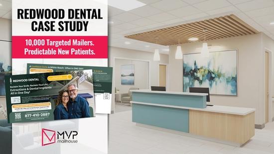 Redwood Dental case study banner by MVP Mailhouse featuring the headline "10,000 Targeted Mailers. Predictable New Patients." The image shows a modern dental office reception alongside a Redwood Dental direct mail postcard promoting dental implants, extractions, and complimentary implant consultations. The graphic highlights a successful dental direct mail marketing campaign focused on targeted mailing lists, patient acquisition, practice growth, and measurable marketing results.