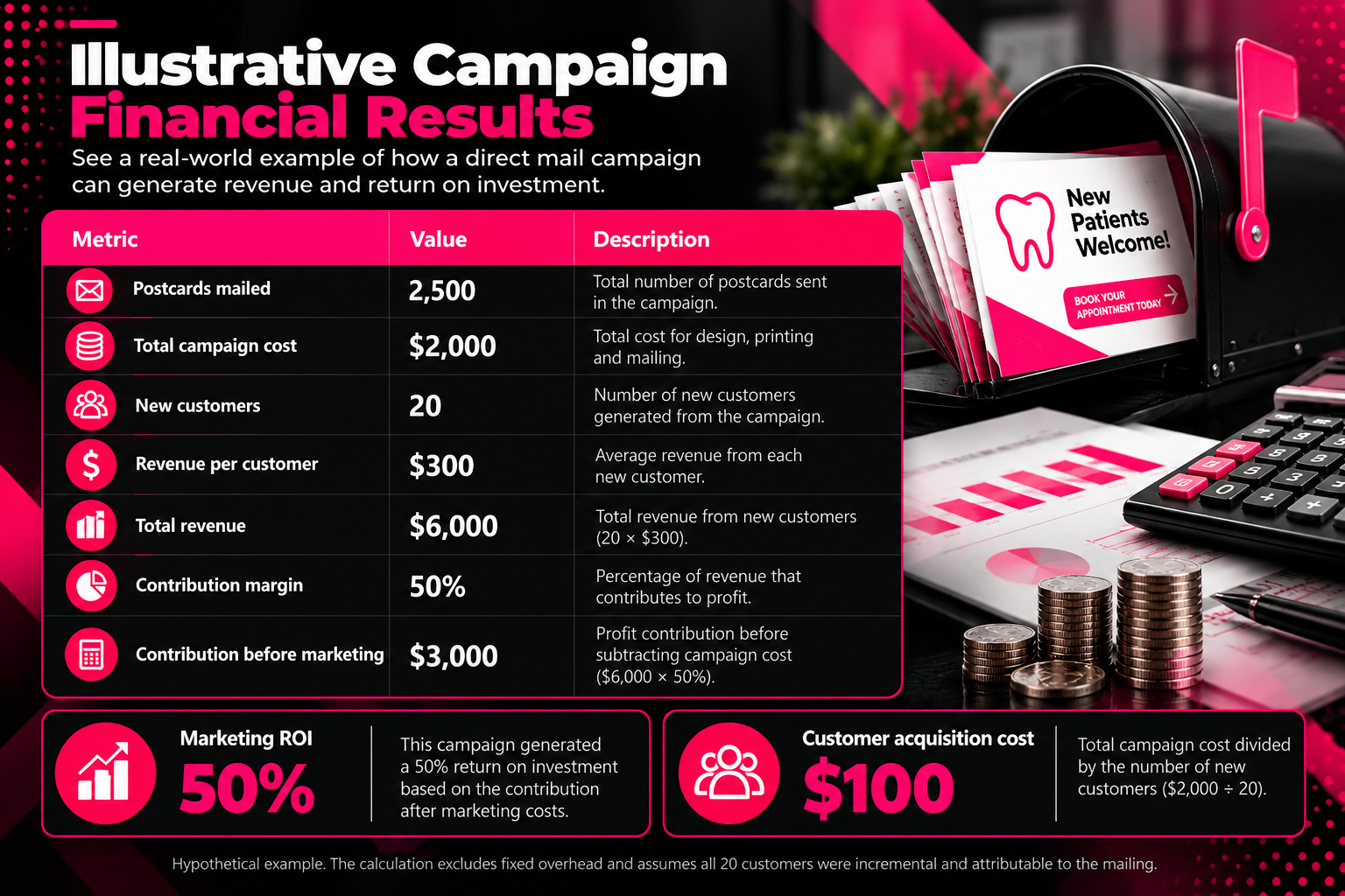Dental direct mail marketing ROI infographic showing hypothetical campaign financial results. A $2,000 campaign mails 2,500 postcards, acquires 20 new customers, and generates $6,000 in revenue at $300 per customer. With a 50% contribution margin and $3,000 contribution before marketing, the campaign achieves 50% marketing ROI and $100 customer acquisition cost. Black and magenta design features dental postcards, a mailbox, financial charts, coins, and a calculator.