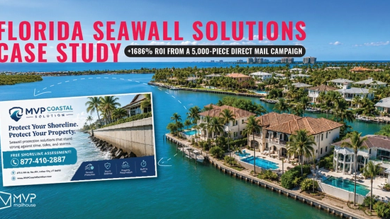 Florida Seawall Solutions case study graphic by MVP Mailhouse highlighting a +1686% ROI from a 5,000-piece direct mail campaign. The image features a luxury waterfront community with canals, seawalls, and coastal homes alongside a sample MVP Coastal Solution direct mail postcard promoting shoreline protection services. The design showcases targeted direct mail marketing for seawall contractors, coastal property owners, lead generation, and measurable direct mail campaign success.