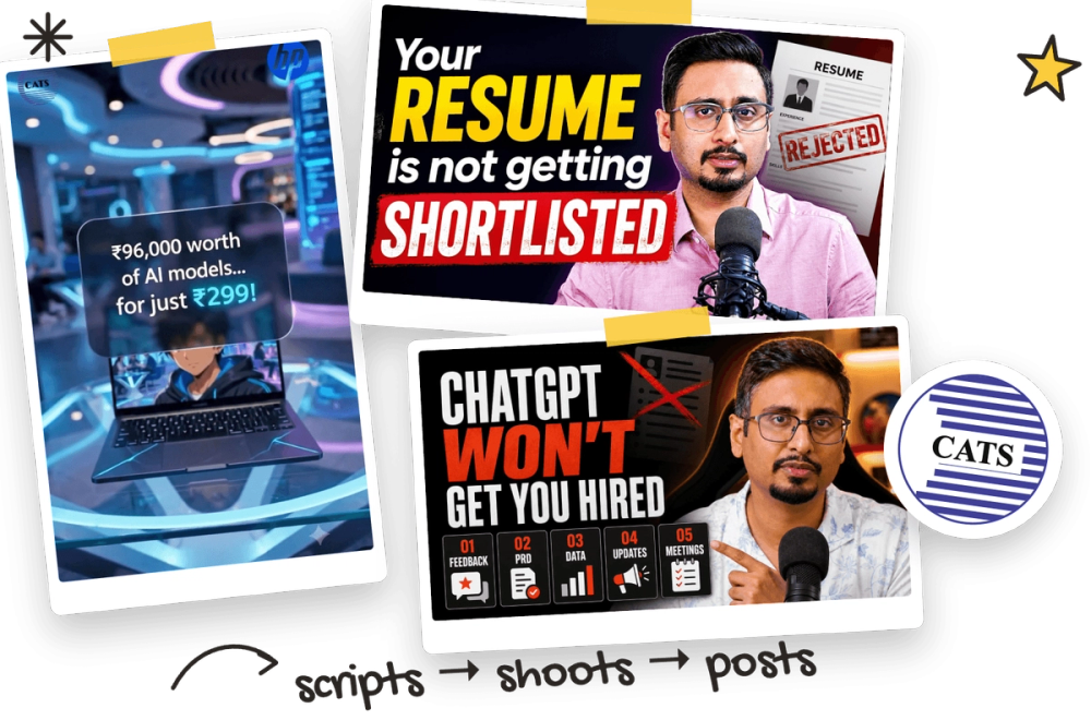 Collage of CATS reels, the CATS logo and Sumant Malhotra's YouTube thumbnails