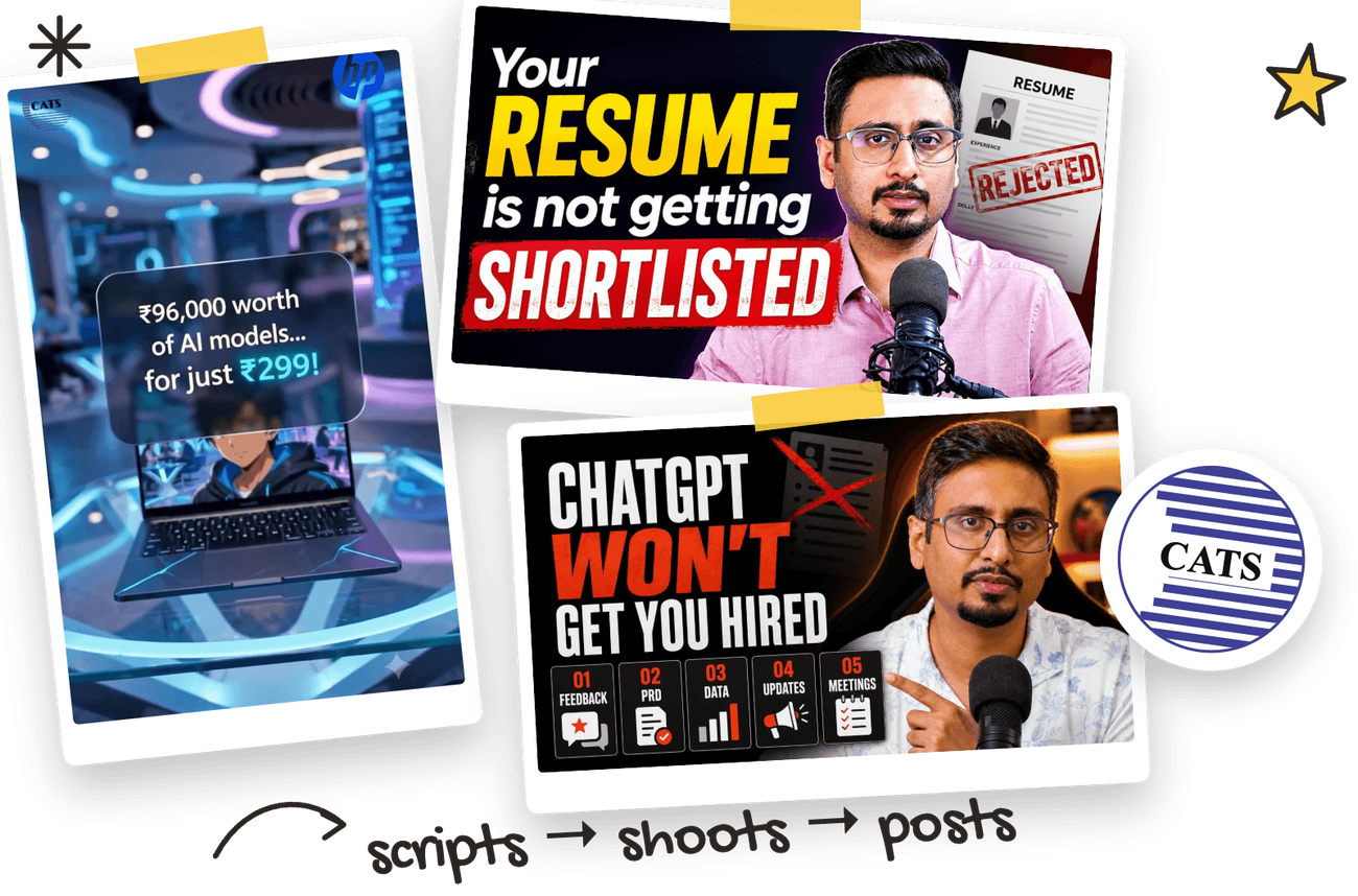 Collage of CATS reels, the CATS logo and Sumant Malhotra's YouTube thumbnails
