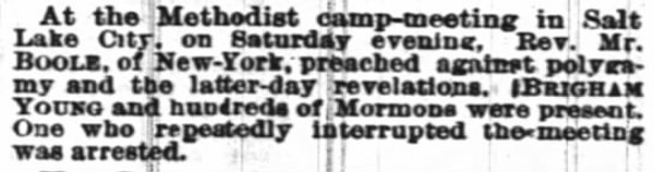 Newspaper article titled At the Methodist Camp Meeting in Salt Lake City