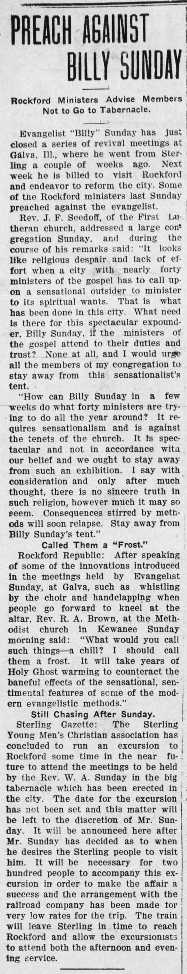 Newspaper article titled Preach Against Billy Sunday