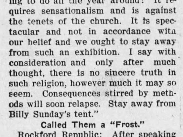 Newspaper article titled Preach Against Billy Sunday