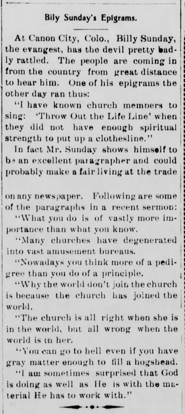 Newspaper article titled Billy Sunday's Epigrams