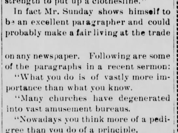 Newspaper article titled Billy Sunday's Epigrams
