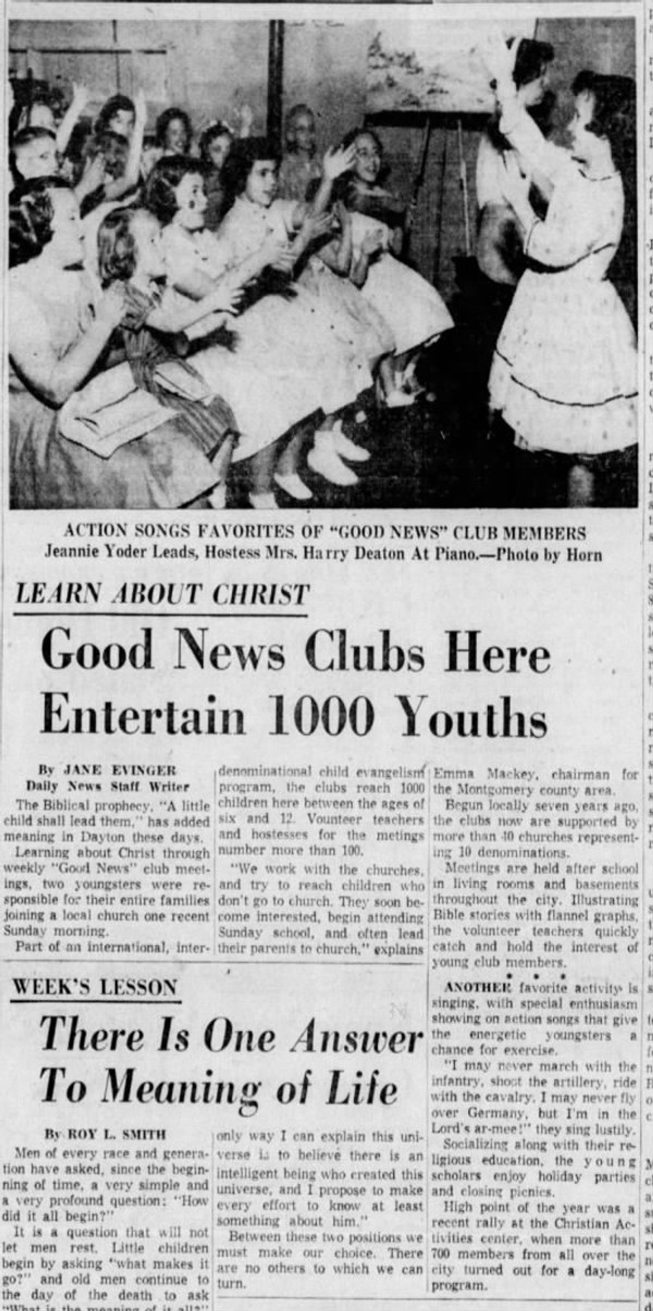 Newspaper article titled Good News Clubs Here Entertain 1000 Youths. An image shows a group of girls in frilly dresses sitting in a classroom and doing hand motions while another girl leads them.
