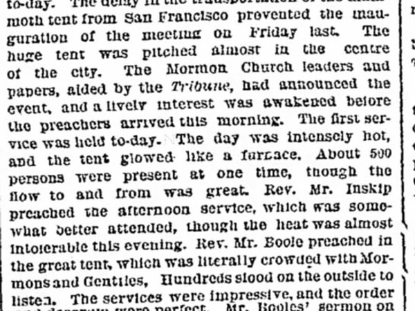 Newspaper article titled Grand Methodist Camp Meeting in Salt Lake City